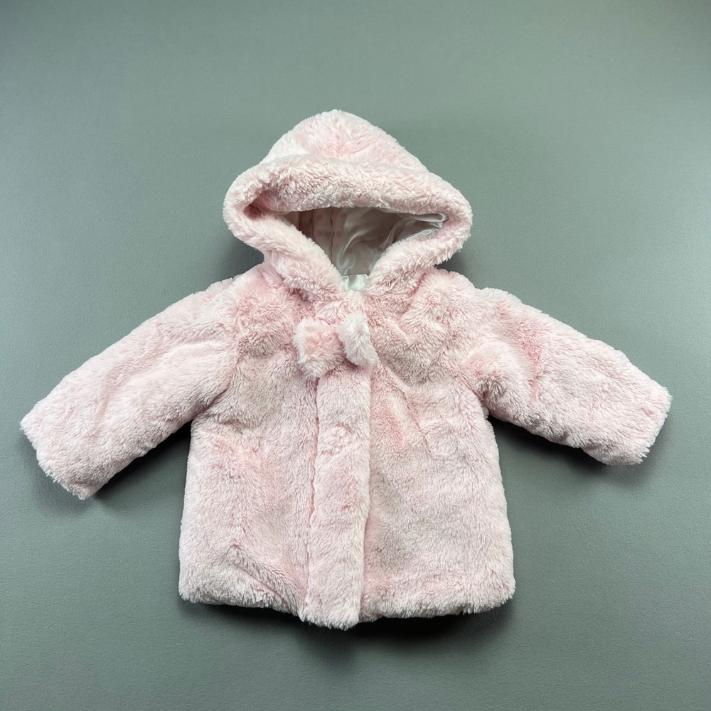 Little Me Jacket Baby 12 Month Light Pink Faux Fur Hooded Bow Detail Long Sleeve